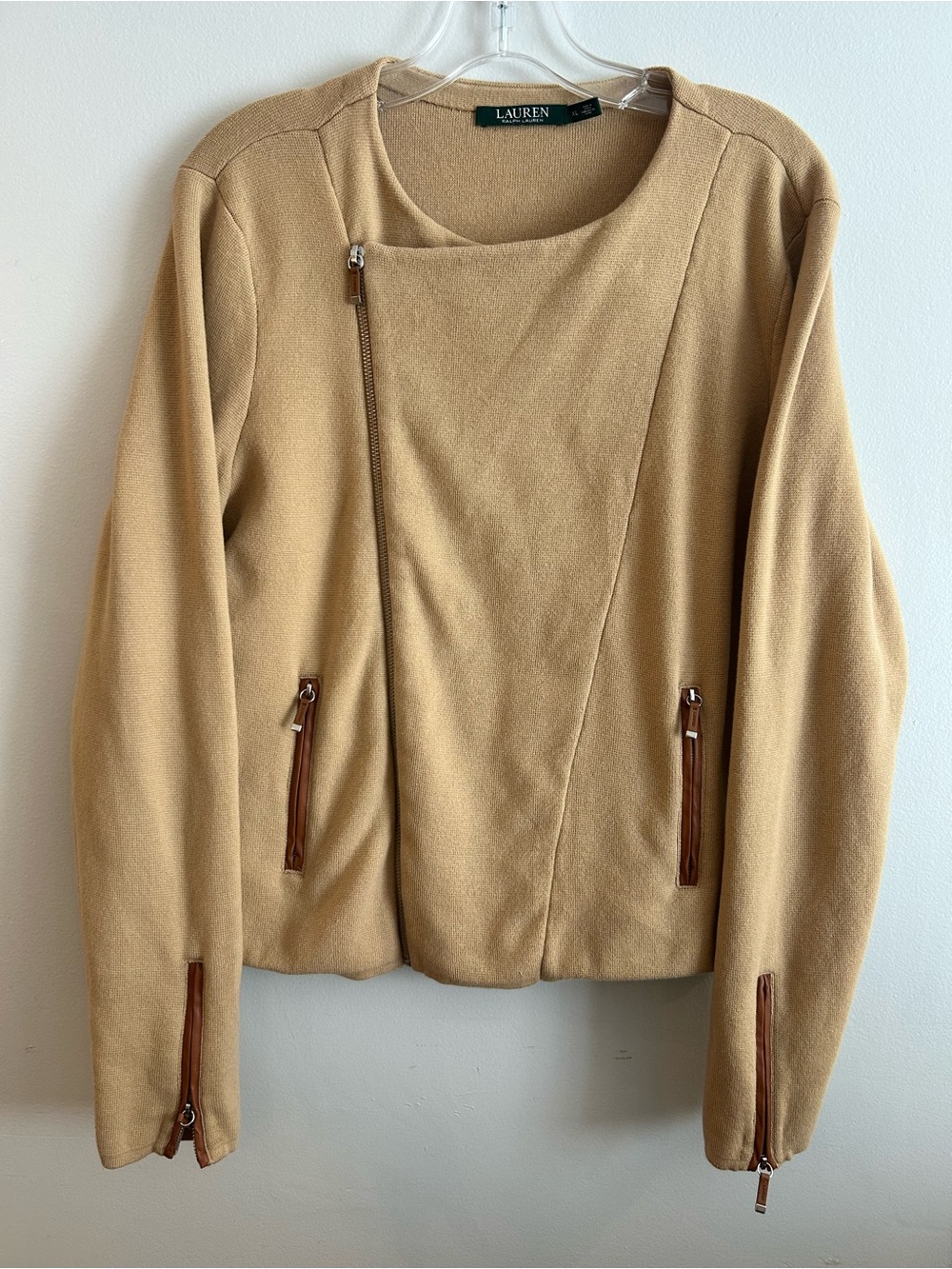 Lauren Ralph Lauren Tan knit moto jacket asymmetrical zip Equestrian Chic